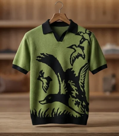Men's Olive Green Bird Intarsia Knit Polo T Shirt Premium Slim Fit (4)