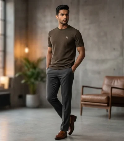 Men's Olive Green Waffle Knit Textured Slim Fit T Shirt (3)