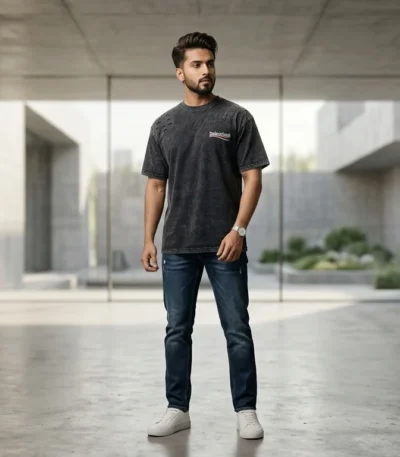 Men's Oversized Distressed Charcoal Grey Graphic T Shirt (1)