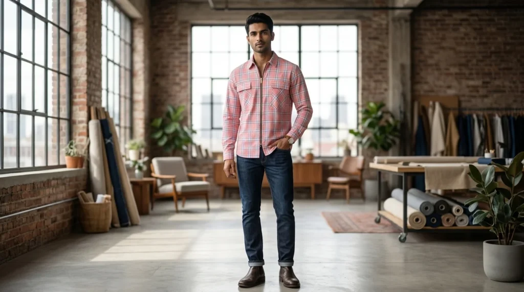 Men’s Peach & Blue Plaid Zip Front Overshirt – Premium Casual Fit (1)