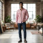 Men’s Peach & Blue Plaid Zip Front Overshirt – Premium Casual Fit (1)