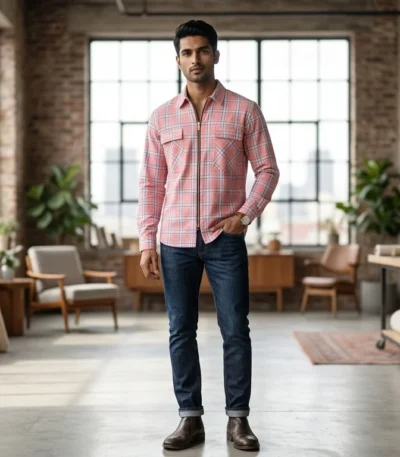 Men’s Peach & Blue Plaid Zip Front Overshirt – Premium Casual Fit (1)