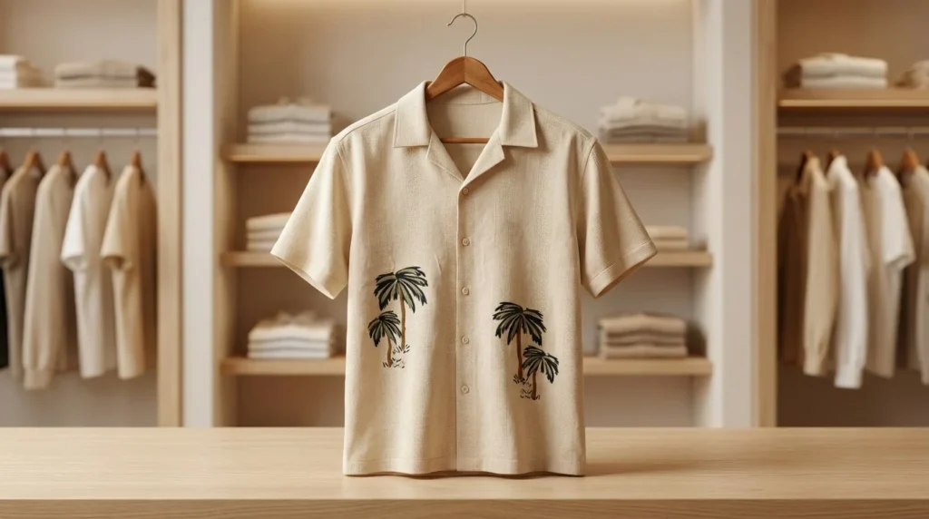 Men's Premium Beige Textured Resort Shirt with Palm Embroidery (4)