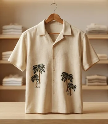 Men's Premium Beige Textured Resort Shirt with Palm Embroidery (4)