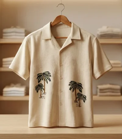 Men's Premium Beige Textured Resort Shirt with Palm Embroidery (4)
