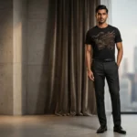 Men's Premium Black Crew Neck T Shirt with Gold Rhinestone Dragon (1)