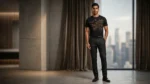 Men's Premium Black Crew Neck T Shirt with Gold Rhinestone Dragon (1)