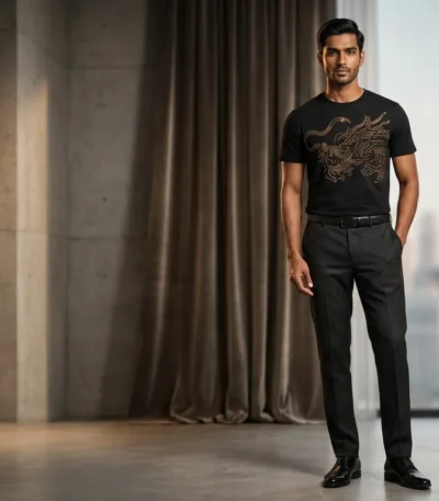 Men's Premium Black Crew Neck T Shirt with Gold Rhinestone Dragon (1)