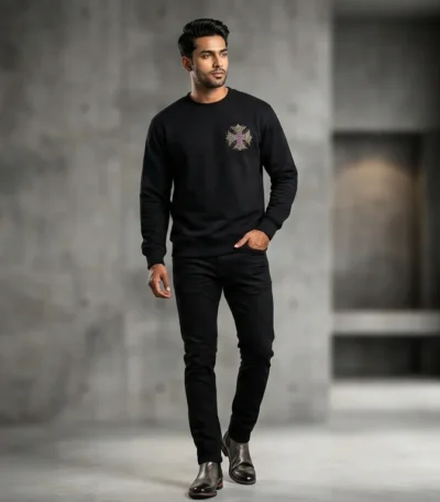 Men's Premium Black Crewneck Sweatshirt with Multicolor Stone Work (3)