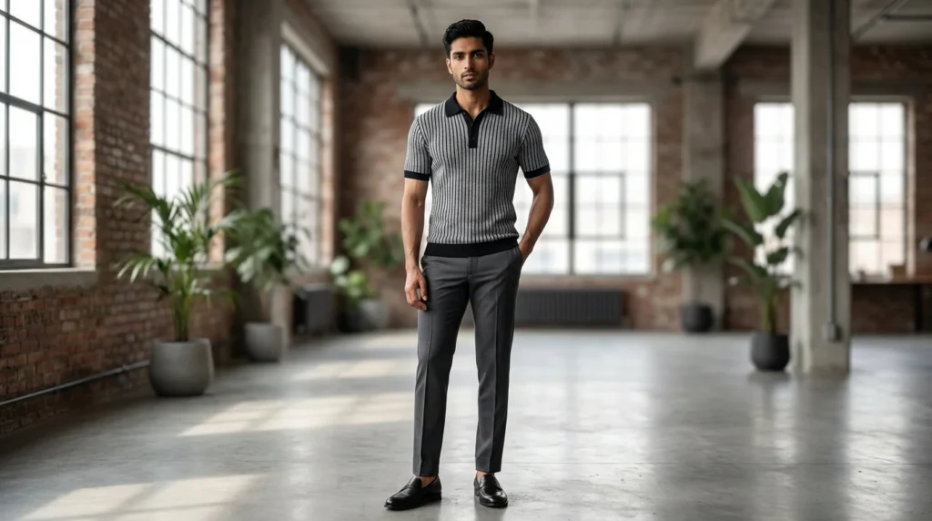 Men's Premium Black & Grey Vertical Striped Knit Polo T Shirt (2)