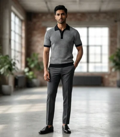 Men's Premium Black & Grey Vertical Striped Knit Polo T Shirt (2)