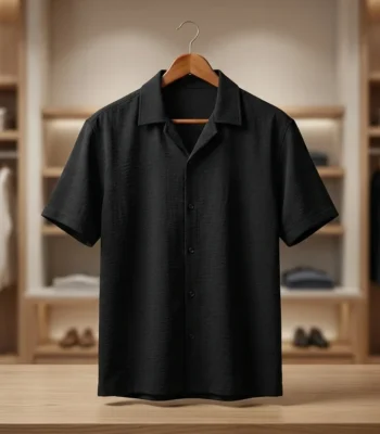 Men's Premium Black Textured Cuban Collar Short Sleeve Shirt (2)