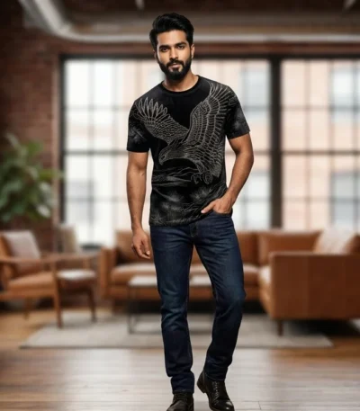 Men's Premium Black Velvet Eagle Graphic T Shirt (2)