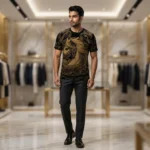 Men's Premium Black Velvet T Shirt with Gold Baroque Horse Embellishment (1)