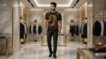 Men's Premium Black Velvet T Shirt with Gold Baroque Horse Embellishment (1)