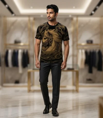 Men's Premium Black Velvet T Shirt with Gold Baroque Horse Embellishment (1)