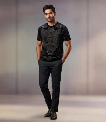 Men's Premium Black Velvet Tiger Embellished Luxury Slim Fit T Shirt (1)