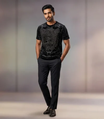 Men's Premium Black Velvet Tiger Embellished Luxury Slim Fit T Shirt (1)
