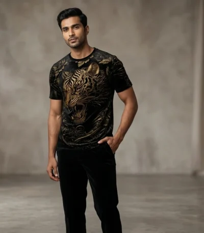 Men's Premium Black Velvet Tiger Print Slim Fit T Shirt (5)