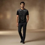 Men's Premium Black Velvet Wolf Embellished Slim Fit T Shirt (1)