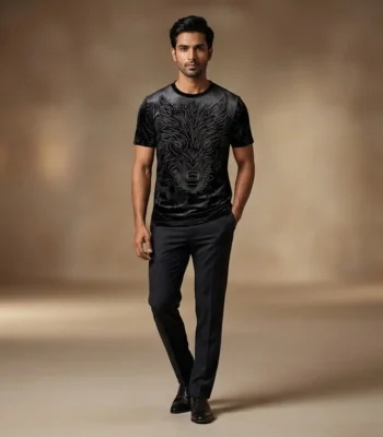 Men's Premium Black Velvet Wolf Embellished Slim Fit T Shirt (1)