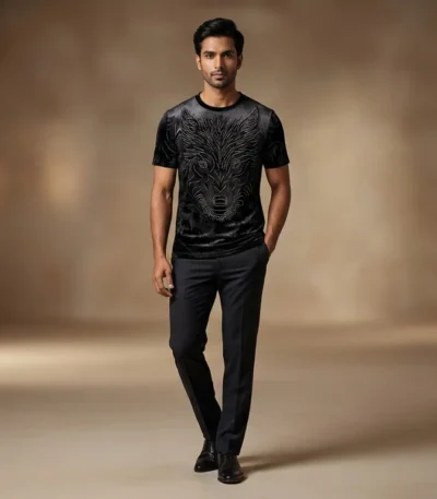 Men's Premium Black Velvet Wolf Embellished Slim Fit T Shirt (1)