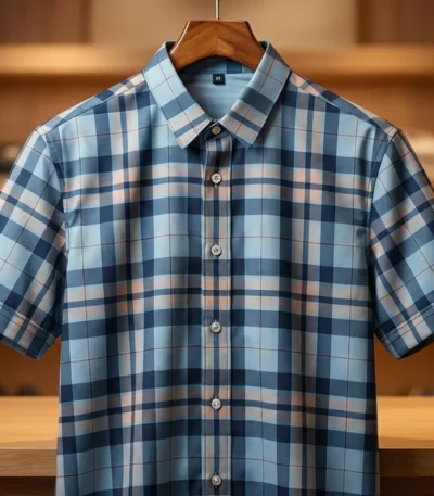 Men’s Premium Blue Plaid Check Short Sleeve Formal Casual Shirt (4)
