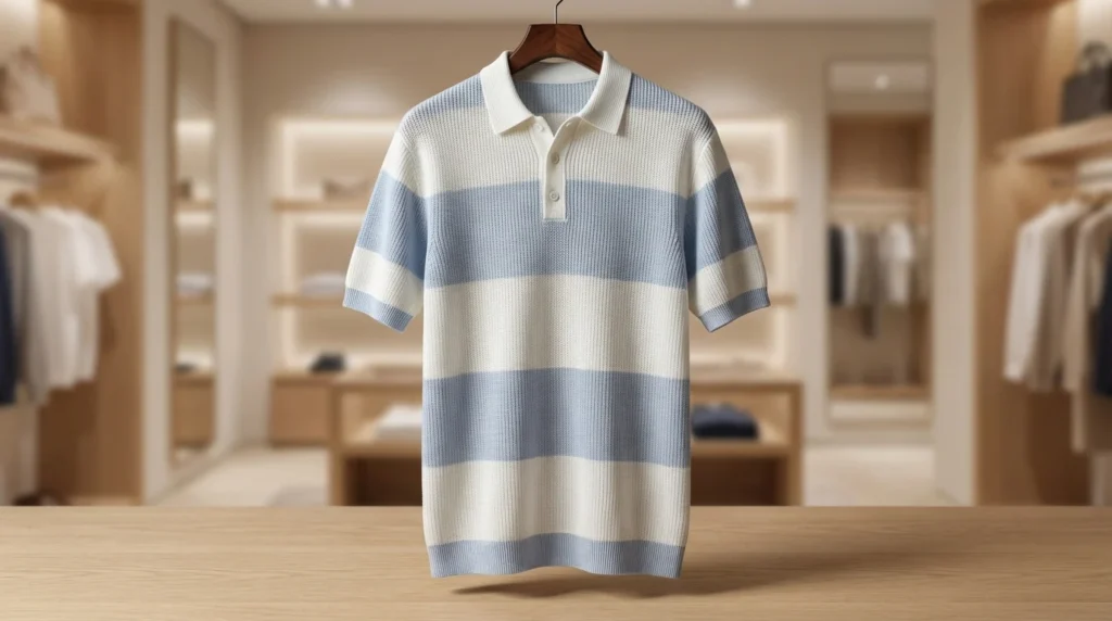Men's Premium Blue and White Striped Knitted Cotton Polo T Shirt (3)