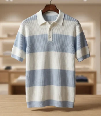 Men's Premium Blue and White Striped Knitted Cotton Polo T Shirt (3)