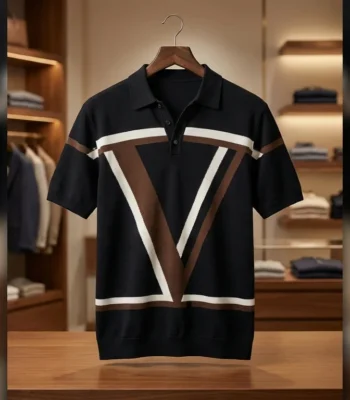 Men's Premium Navy Geometric Knit Polo Shirt Slim Fit Half Sleeve (3)