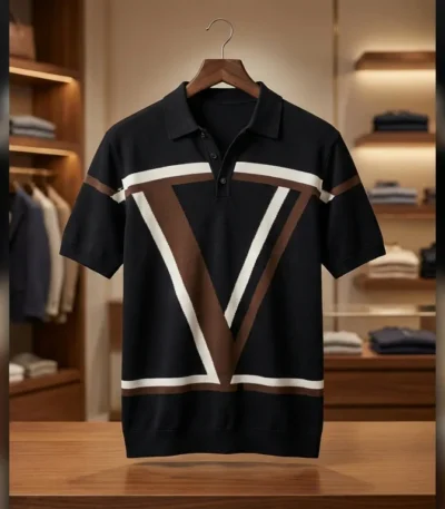 Men's Premium Navy Geometric Knit Polo Shirt Slim Fit Half Sleeve (3)