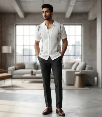 Men's Premium Off White Mesh Knit Button Down Polo Shirt (4)