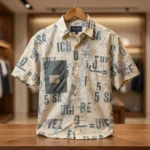 Men's Premium Off White Typography Print Cuban Collar Cotton Shirt (2)