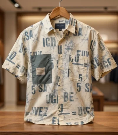 Men's Premium Off White Typography Print Cuban Collar Cotton Shirt (2)