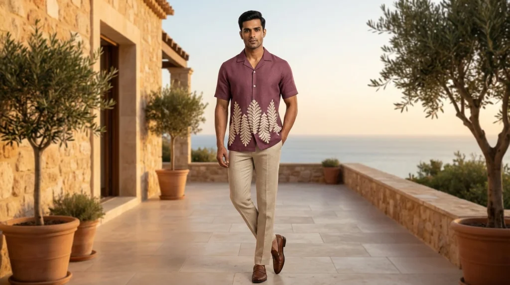 Men's Premium Plum Linen Cuban Collar Half Sleeve Fern Print Shirt (2)