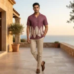 Men's Premium Plum Linen Cuban Collar Half Sleeve Fern Print Shirt (2)