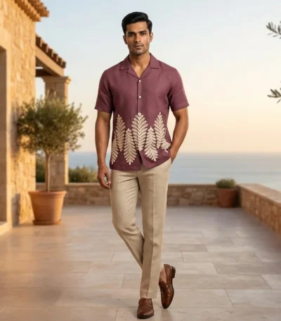 Men's Premium Plum Linen Cuban Collar Half Sleeve Fern Print Shirt (2)