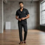 Men's Premium Slate Black Slim Fit Short Sleeve Cotton Shirt (1)