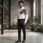 Men's Premium White Cotton Shirt with Gold Dragon Embroidery (1)