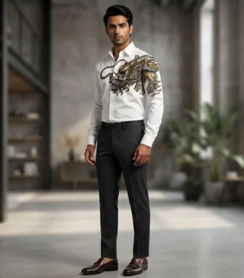 Men's Premium White Cotton Shirt with Gold Dragon Embroidery (1)