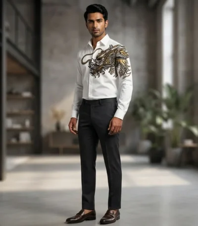 Men's Premium White Cotton Shirt with Gold Dragon Embroidery (1)
