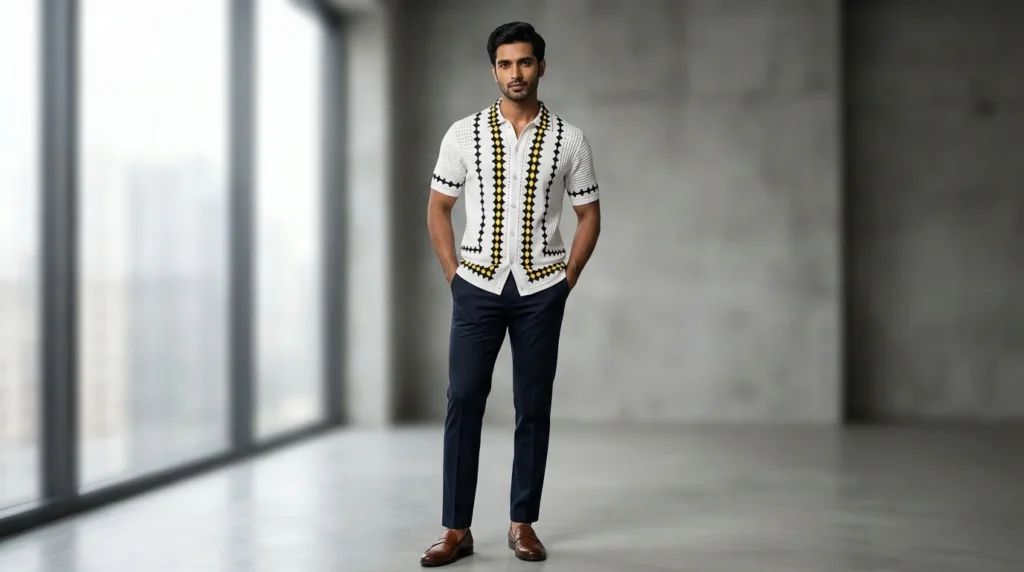 Men's Premium White Geometric Knit Half Sleeve Button Down Shirt (2)