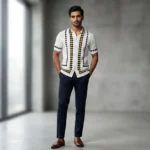 Men's Premium White Geometric Knit Half Sleeve Button Down Shirt (2)