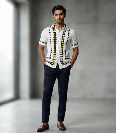 Men's Premium White Geometric Knit Half Sleeve Button Down Shirt (2)