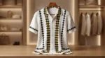 Men's Premium White Geometric Knit Half Sleeve Button Down Shirt (3)