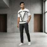 Men's Premium White Geometric Knit Polo T Shirt Luxury Slim Fit (2)
