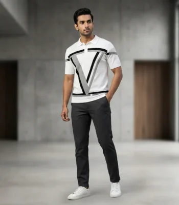Men's Premium White Geometric Knit Polo T Shirt Luxury Slim Fit (2)