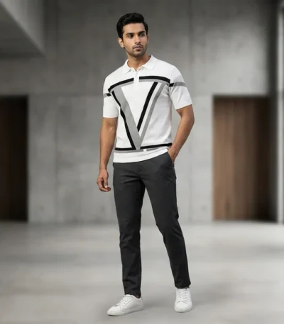 Men's Premium White Geometric Knit Polo T Shirt Luxury Slim Fit (2)