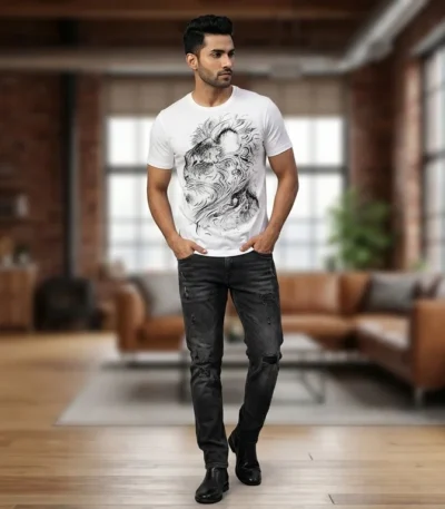Men's Premium White Lion Graphic Print Cotton T Shirt (1)