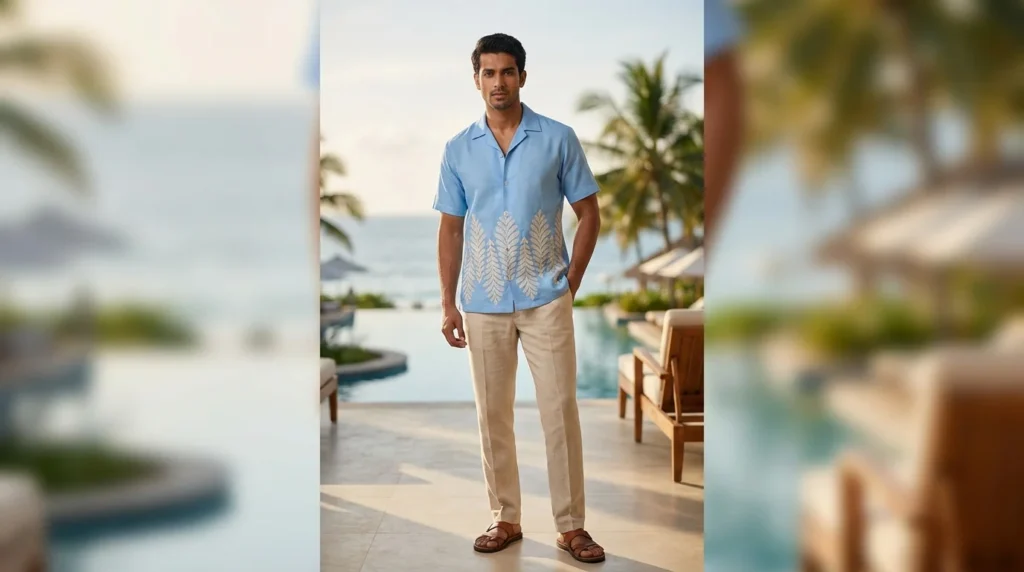 Men's Sky Blue Embroidered Linen Cuban Collar Half Sleeve Shirt (2)